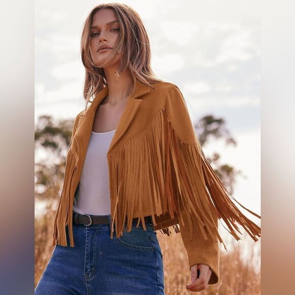 PRETTYGARDEN Fringe Faux Suede Leather Jackets Tassel Motorcycle Cropped Coat - Picture 3 of 15